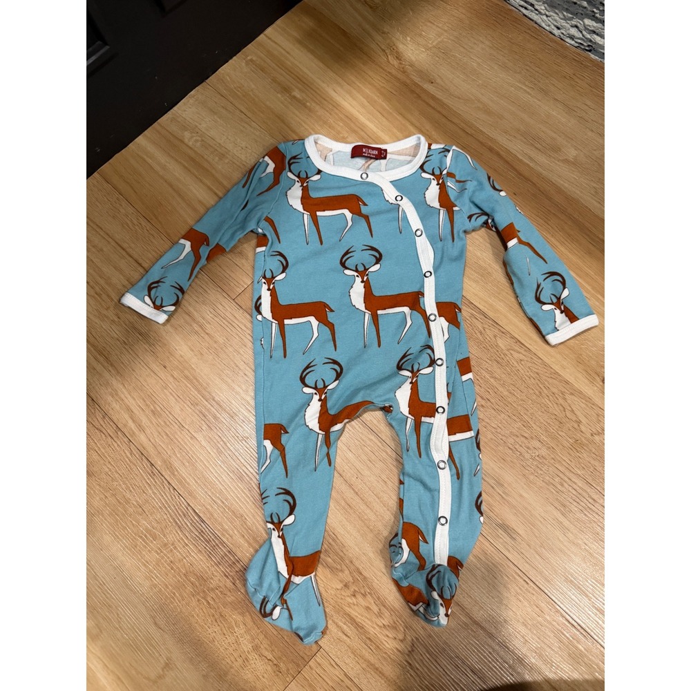 Milkbarn Blue Stag Deer Footed Romper Snap Front Sleeper 6-9 Months